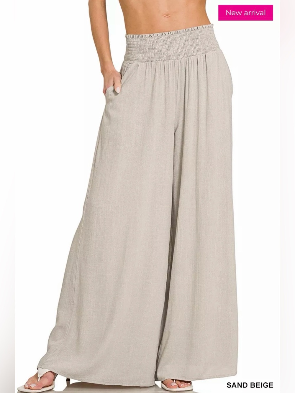 Zenana Outfitters Wide Leg Smocked Waist Pants in Light Taupe